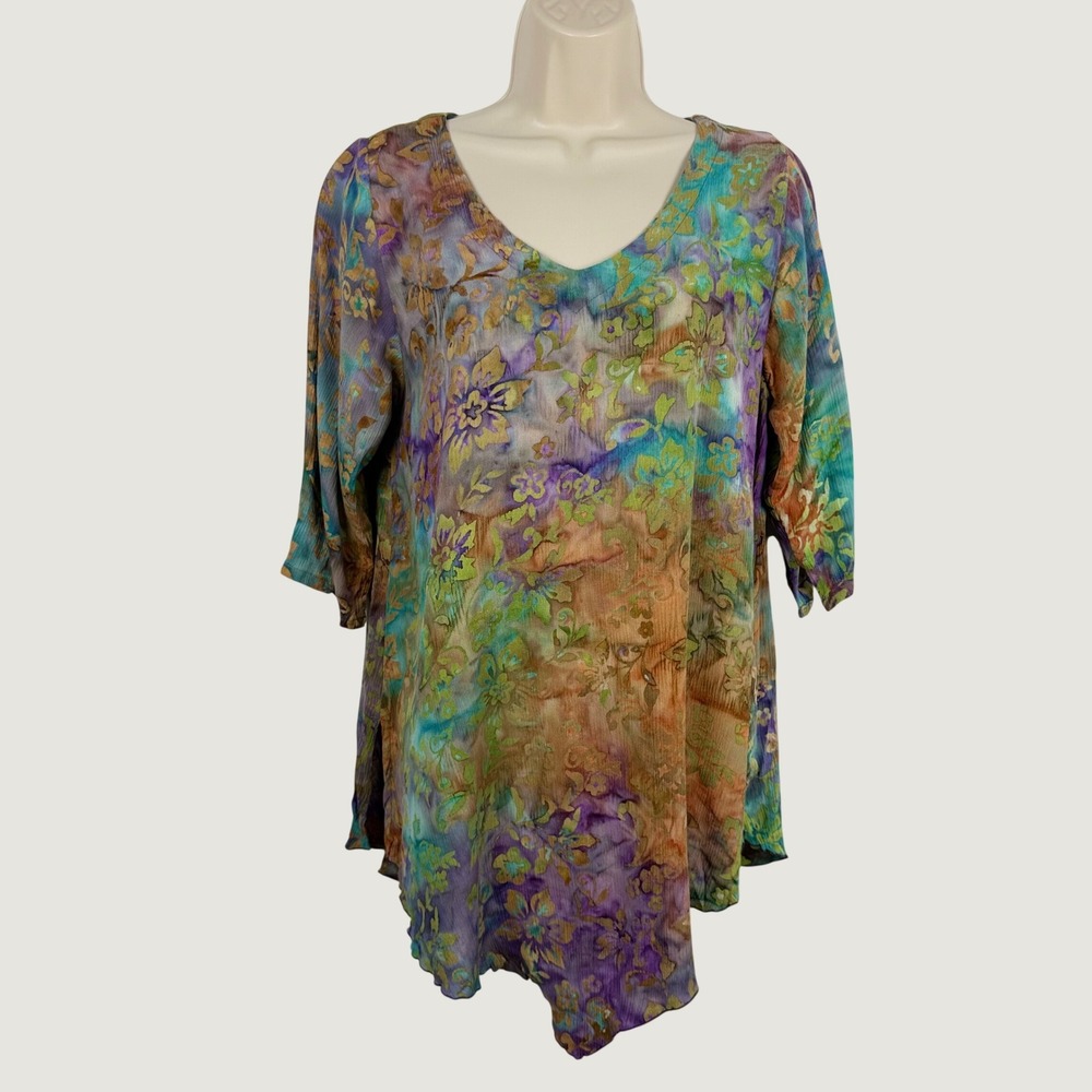 Lost River Clothing Co Small Batik Floral Rayon Tunic Top Purple Blue Artsy